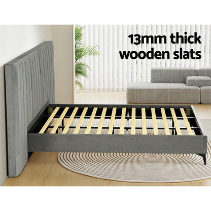 Artiss Bed Frame King Size Bed Base w Oversized Headboard Velvet Fabric Grey-Furniture &gt; Bedroom-PEROZ Accessories