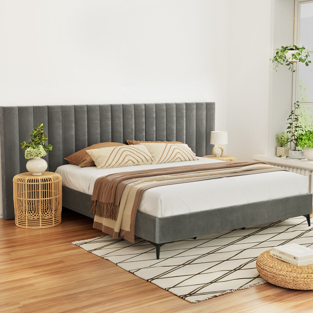 Artiss Bed Frame King Size Bed Base w Oversized Headboard Velvet Fabric Grey-Furniture &gt; Bedroom-PEROZ Accessories