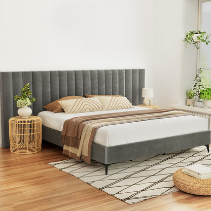 Artiss Bed Frame King Size Bed Base w Oversized Headboard Velvet Fabric Grey-Furniture &gt; Bedroom-PEROZ Accessories