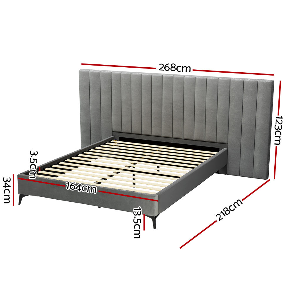 Artiss Bed Frame Queen Size Bed Base w Oversized Headboard Velvet Fabric Grey-Furniture &gt; Bedroom-PEROZ Accessories