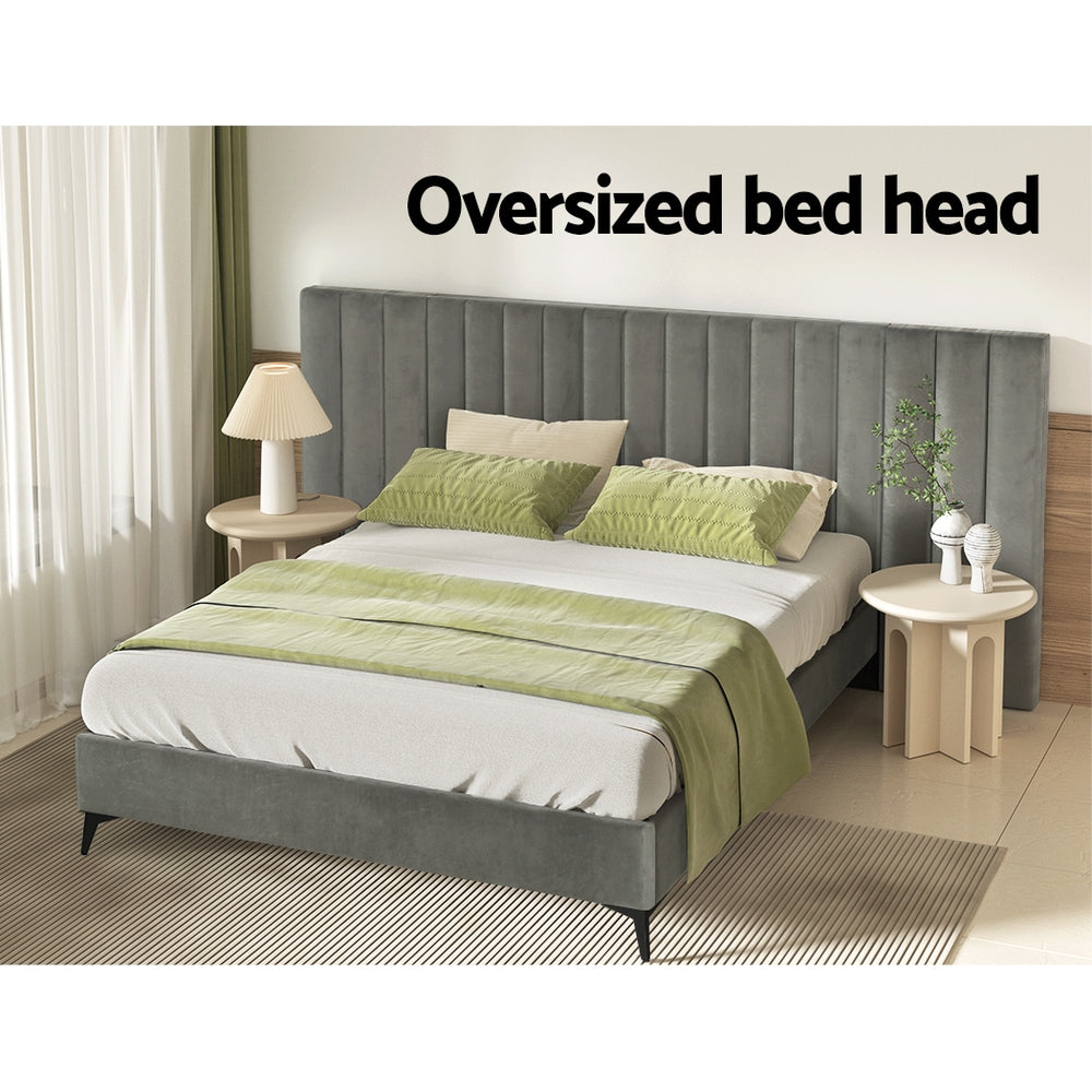Artiss Bed Frame Queen Size Bed Base w Oversized Headboard Velvet Fabric Grey-Furniture &gt; Bedroom-PEROZ Accessories