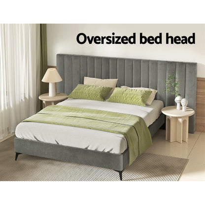 Artiss Bed Frame Queen Size Bed Base w Oversized Headboard Velvet Fabric Grey-Furniture &gt; Bedroom-PEROZ Accessories