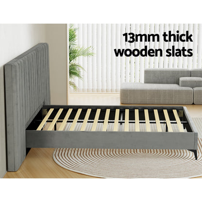 Artiss Bed Frame Queen Size Bed Base w Oversized Headboard Velvet Fabric Grey-Furniture &gt; Bedroom-PEROZ Accessories
