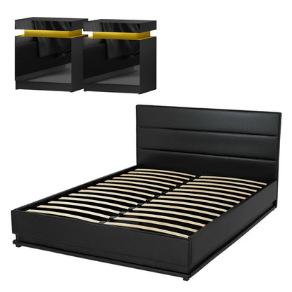 Artiss RGB LED Queen Bed Frame with 2 Beside Tables Set 16 Colour Mood Lighting-Furniture &gt; Bedroom &gt; Beds &amp; Bed Frames-PEROZ Accessories