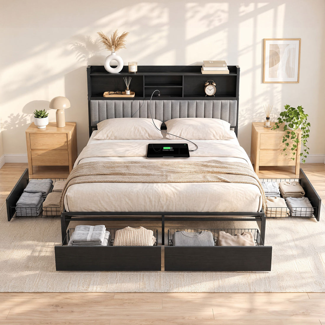 Artiss King Bed Frame with Storage, 4 Drawers and Charging Station-Furniture > Bedroom > Beds &amp; Bed Frames-PEROZ Accessories