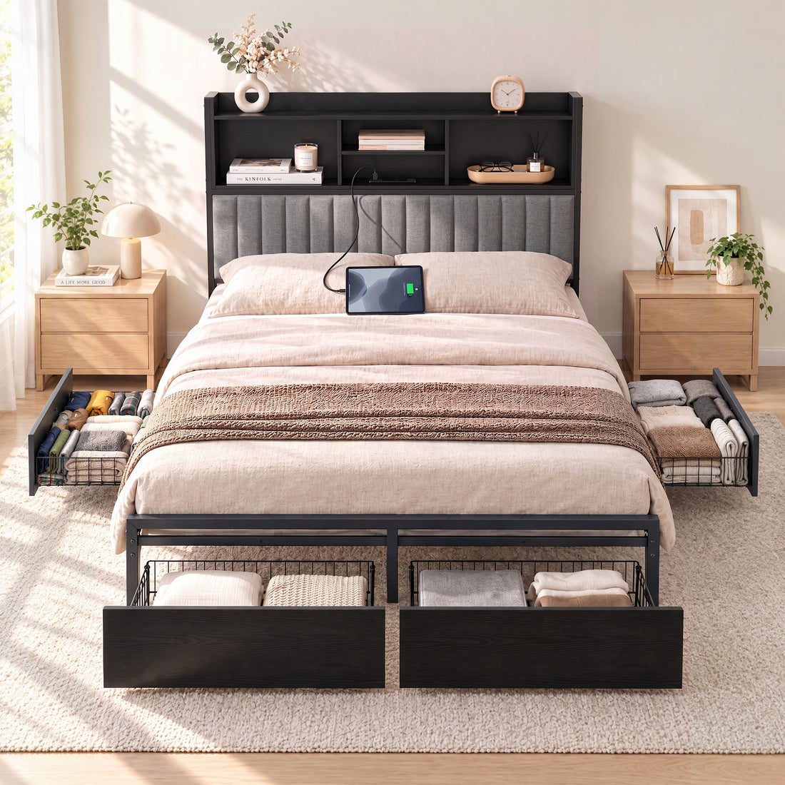 Artiss Queen Bed Frame with Storage, 4 Drawers and Charging Station-Furniture > Bedroom > Beds &amp; Bed Frames-PEROZ Accessories