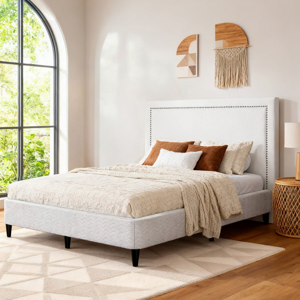 Artiss Queen Bed Frame with Headboard Platform Bed Base Grey Beige Fabric Metal-Furniture > Bedroom > Beds &amp; Bed Frames-PEROZ Accessories