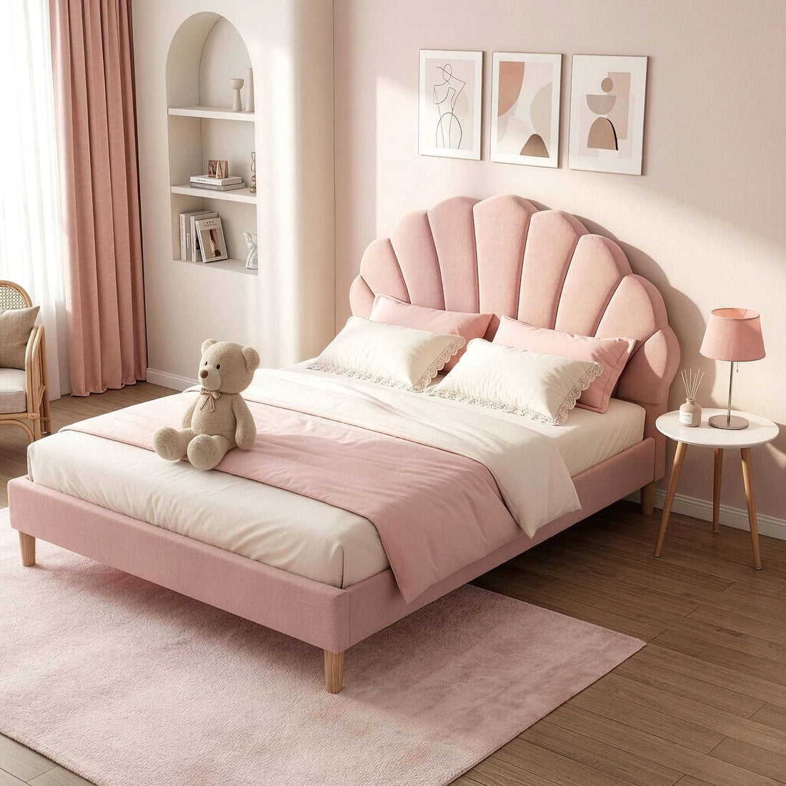 Artiss Double Bed Frame and Round Coffee Table Set Pink Velvet Bedhead with Wooden Side Table-Furniture > Bedroom > Beds &amp; Bed Frames-PEROZ Accessories