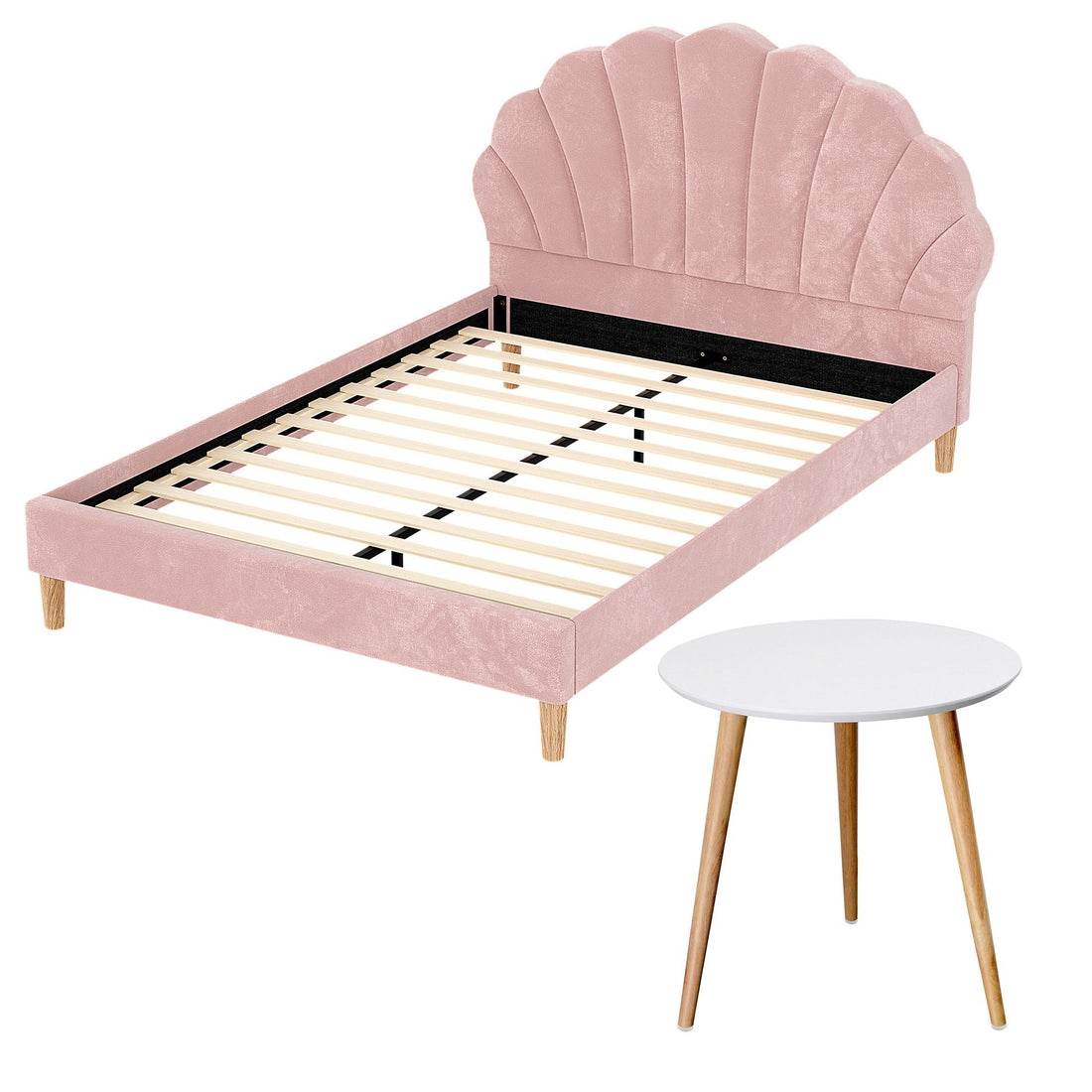 Artiss Double Bed Frame and Round Coffee Table Set Pink Velvet Bedhead with Wooden Side Table-Furniture > Bedroom > Beds &amp; Bed Frames-PEROZ Accessories