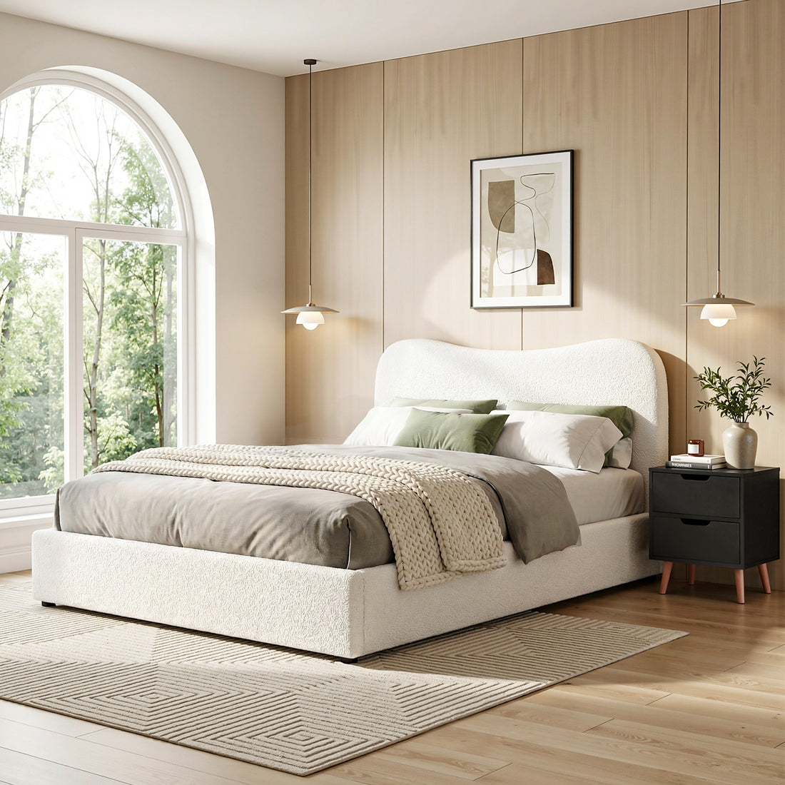 Artiss Double Bed Frame and Bedside Table Set Boucle Beige with Headboard Black Nightstand-Furniture > Bedroom > Beds &amp; Bed Frames-PEROZ Accessories