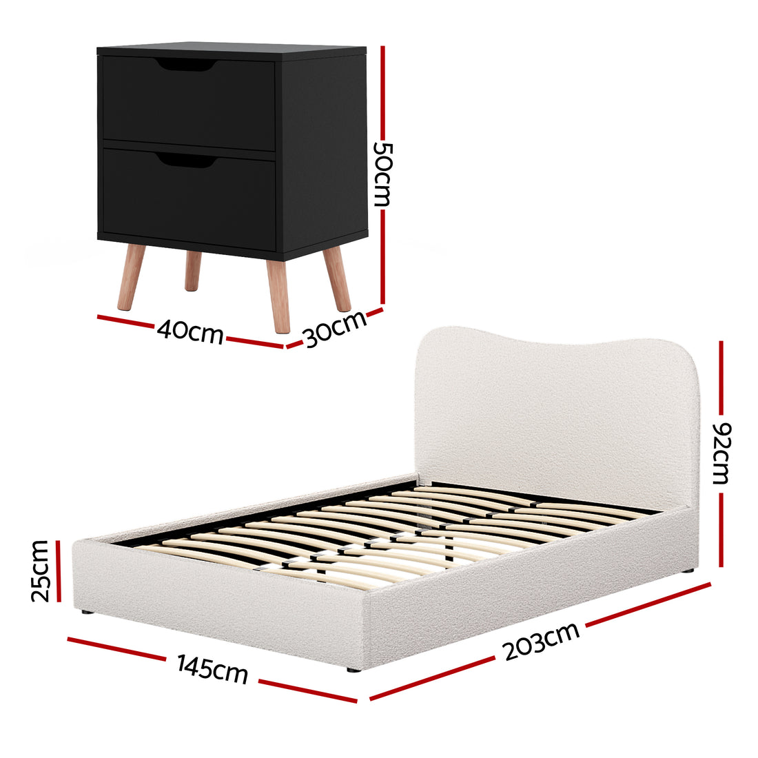 Artiss Double Bed Frame and Bedside Table Set Boucle Beige with Headboard Black Nightstand-Furniture > Bedroom > Beds &amp; Bed Frames-PEROZ Accessories