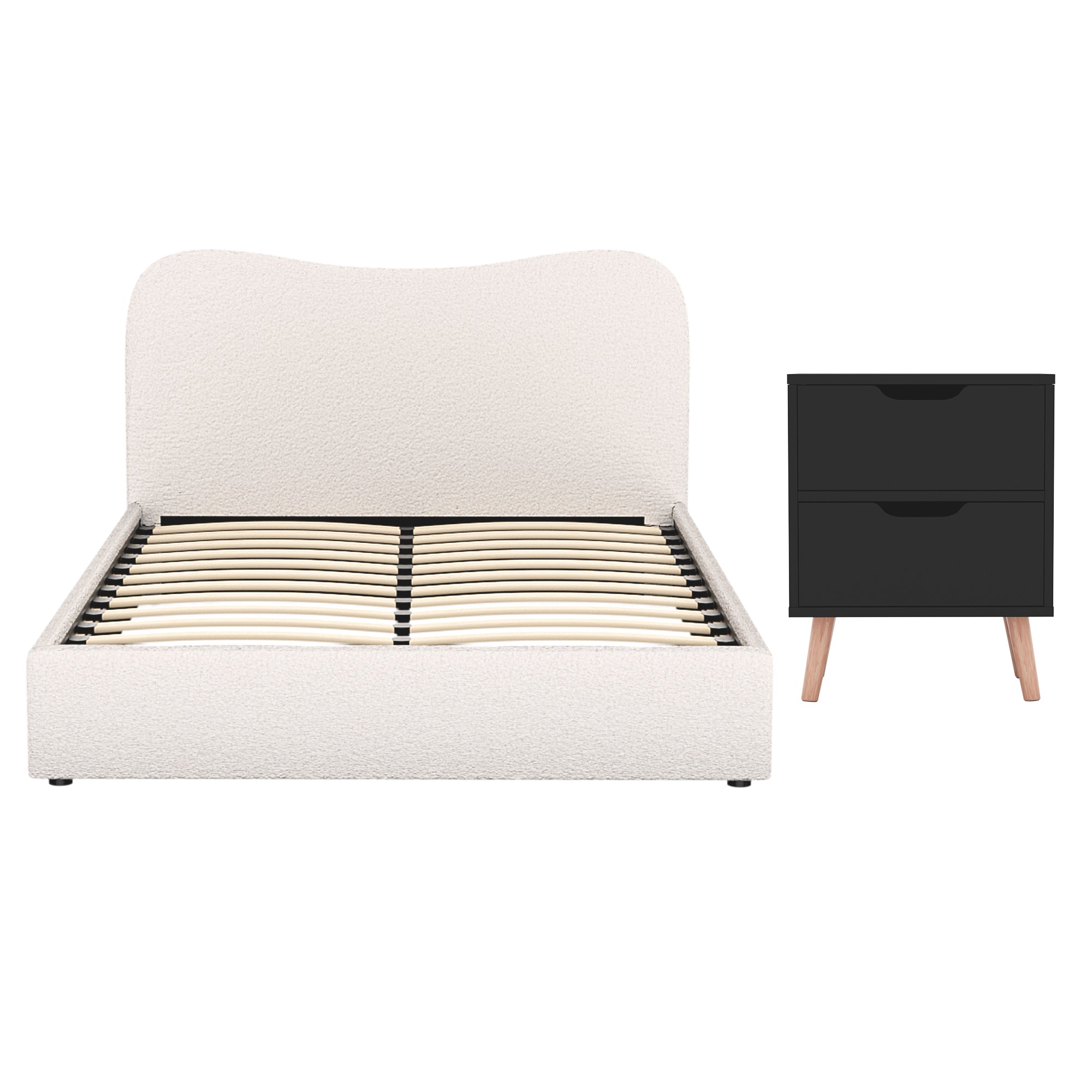 Artiss Double Bed Frame and Bedside Table Set Boucle Beige with Headboard Black Nightstand-Furniture > Bedroom > Beds &amp; Bed Frames-PEROZ Accessories