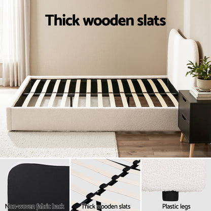 Artiss Double Bed Frame and Bedside Table Set Boucle Beige with Headboard Black Nightstand-Furniture > Bedroom > Beds &amp; Bed Frames-PEROZ Accessories