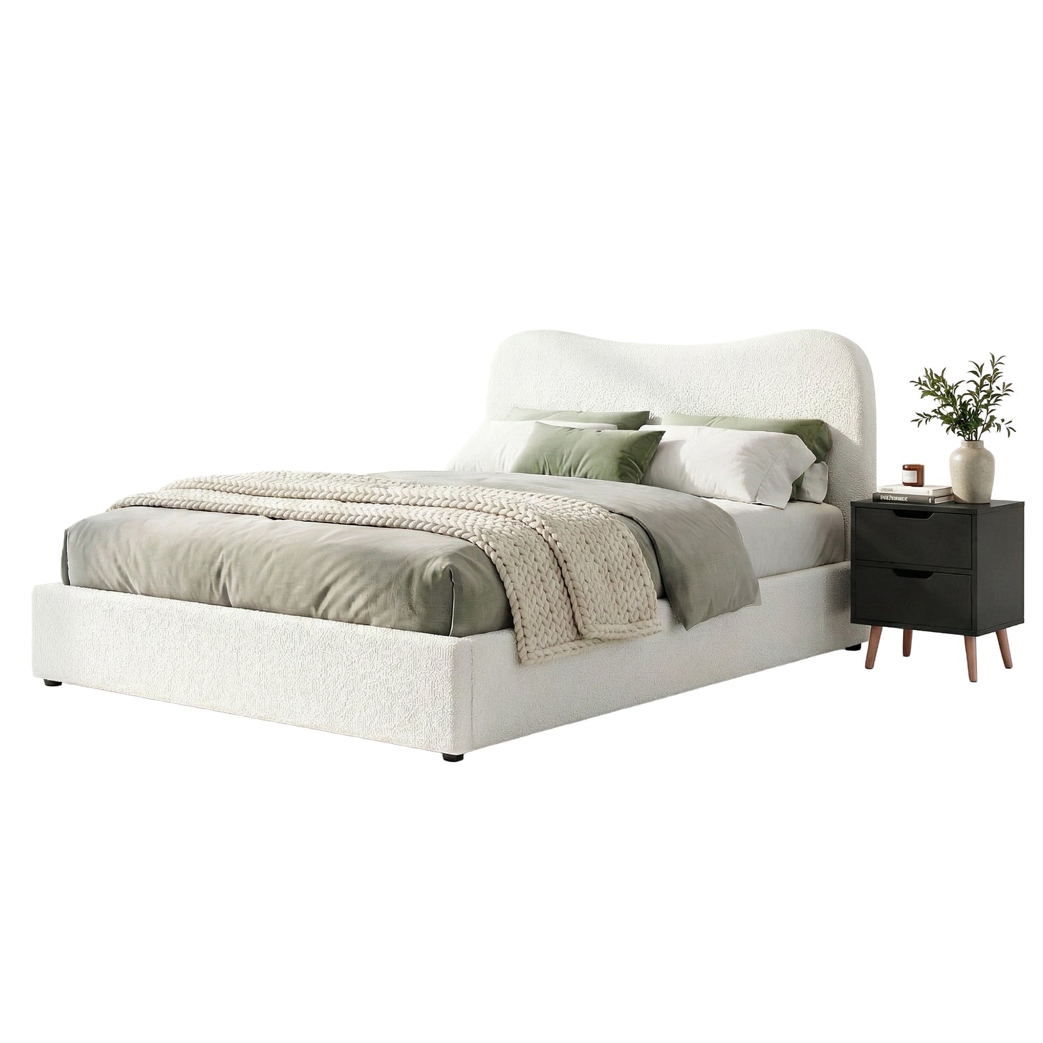 Artiss Double Bed Frame and Bedside Table Set Boucle Beige with Headboard Black Nightstand-Furniture > Bedroom > Beds &amp; Bed Frames-PEROZ Accessories