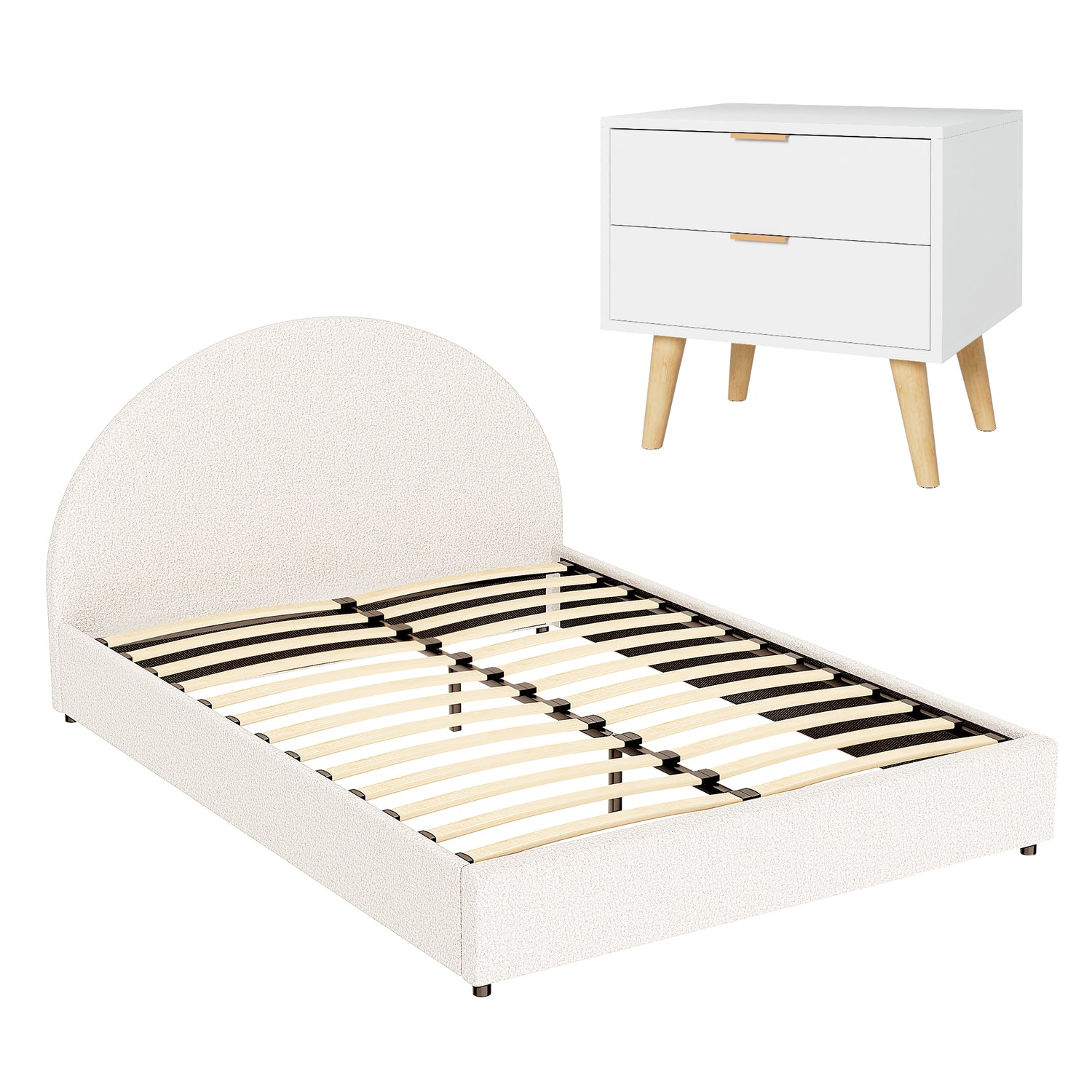 Artiss Queen Bed Frame Bedside Table Set Gas Lift Storage Base with Boucle Fabric Upholstered Headboard 2 Drawer Nightstand for Bedroom Furniture-Furniture > Bedroom > Beds &amp; Bed Frames-PEROZ Accessories