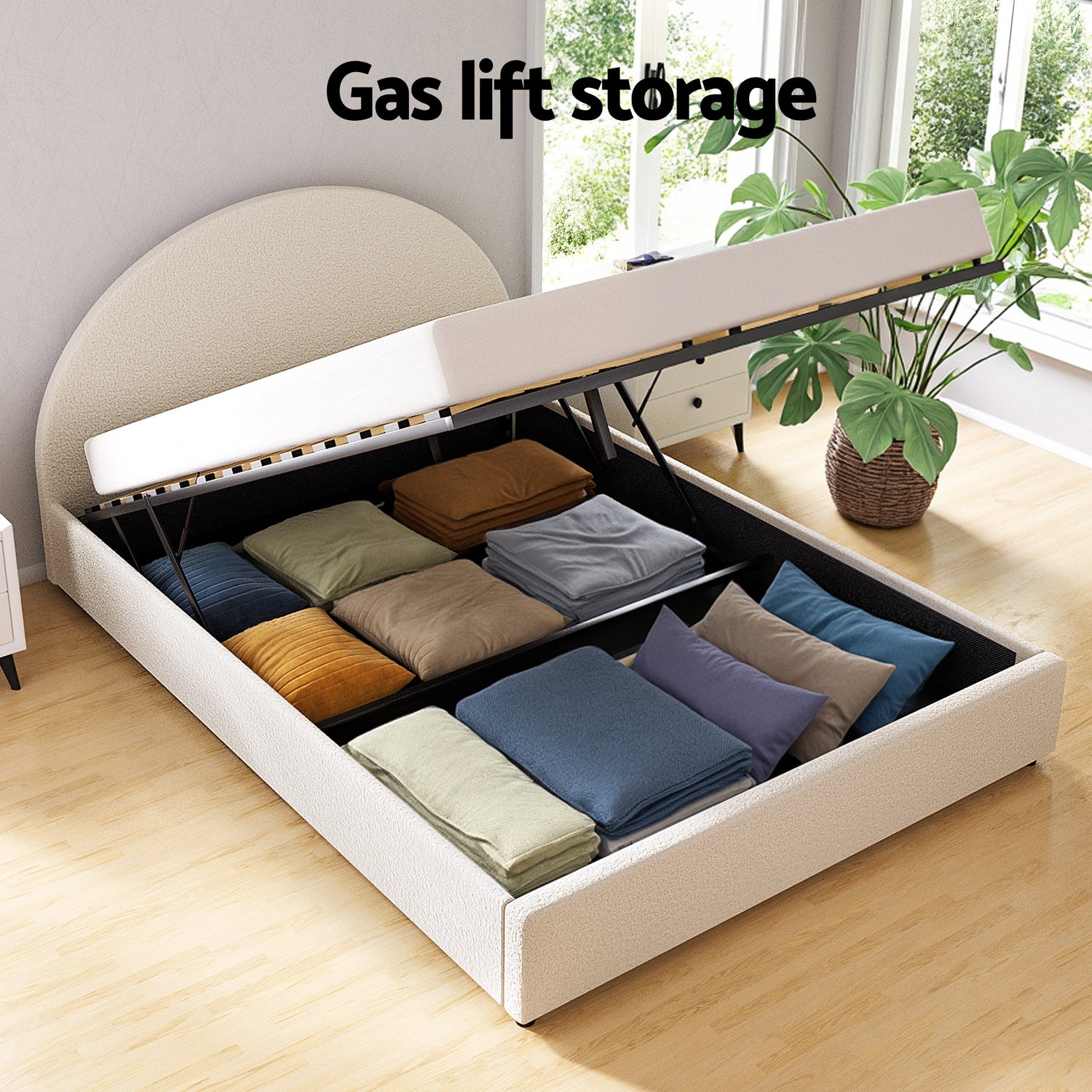 Artiss Queen Bed Frame Bedside Table Set Gas Lift Storage Base with Boucle Fabric Upholstered Headboard 2 Drawer Nightstand for Bedroom Furniture-Furniture > Bedroom > Beds &amp; Bed Frames-PEROZ Accessories