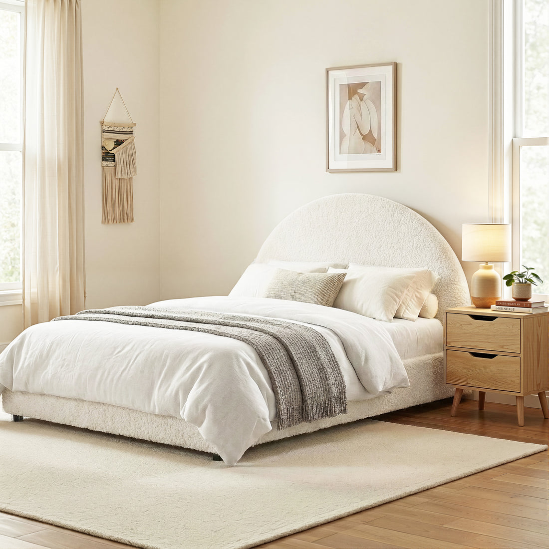 Artiss Gas Lift Queen Bed Frame with Bedside Table Set Boucle Fabric Upholstered Platform Bed Nightstand-Furniture > Bedroom > Beds &amp; Bed Frames-PEROZ Accessories