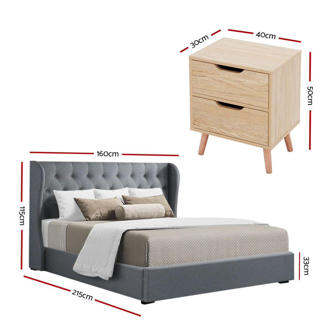 Artiss Gas Lift Queen Bed Frame and Bedside Table Set 2 Drawer Nightstand Bedroom Furniture Bundle-Furniture > Bedroom > Beds &amp; Bed Frames-PEROZ Accessories