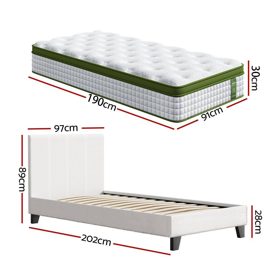 Artiss Single Bed Frame with Hybrid Mattress Set 30cm Medium Firm Platform Headboard Boucle Upholstered Pocket Coil for Pressure Relief-Furniture > Bedroom > Beds &amp; Bed Frames-PEROZ Accessories