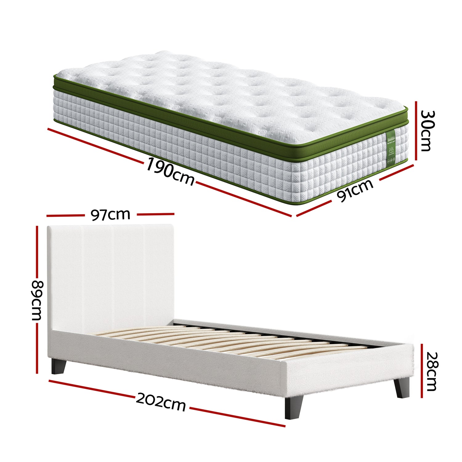Artiss Single Bed Frame with Hybrid Mattress Set 30cm Medium Firm Platform Headboard Boucle Upholstered Pocket Coil for Pressure Relief-Furniture > Bedroom > Beds &amp; Bed Frames-PEROZ Accessories