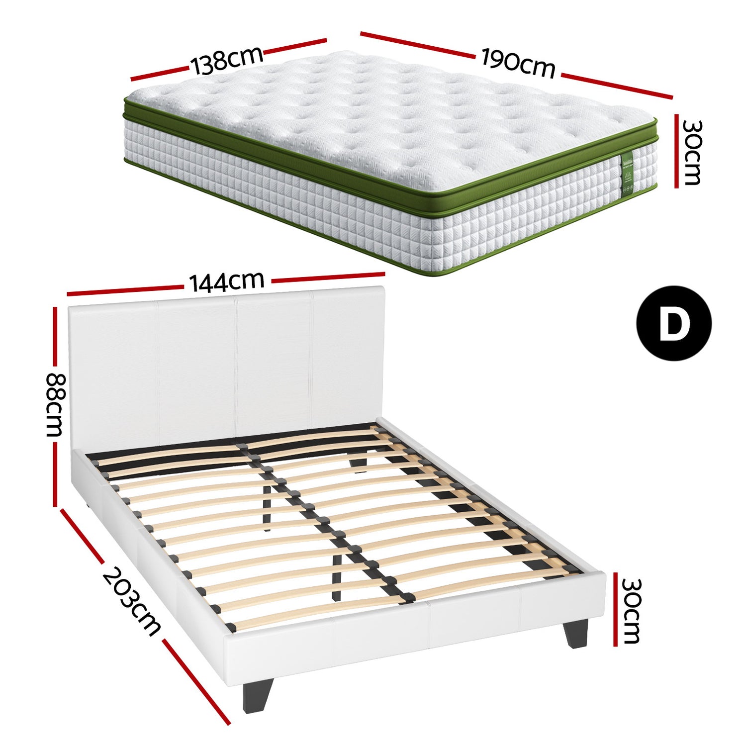 Artiss Double Bed Frame Platform White PVC Leather Hybrid Mattress Modern-Furniture &gt; Bedroom &gt; Beds &amp; Bed Frames-PEROZ Accessories