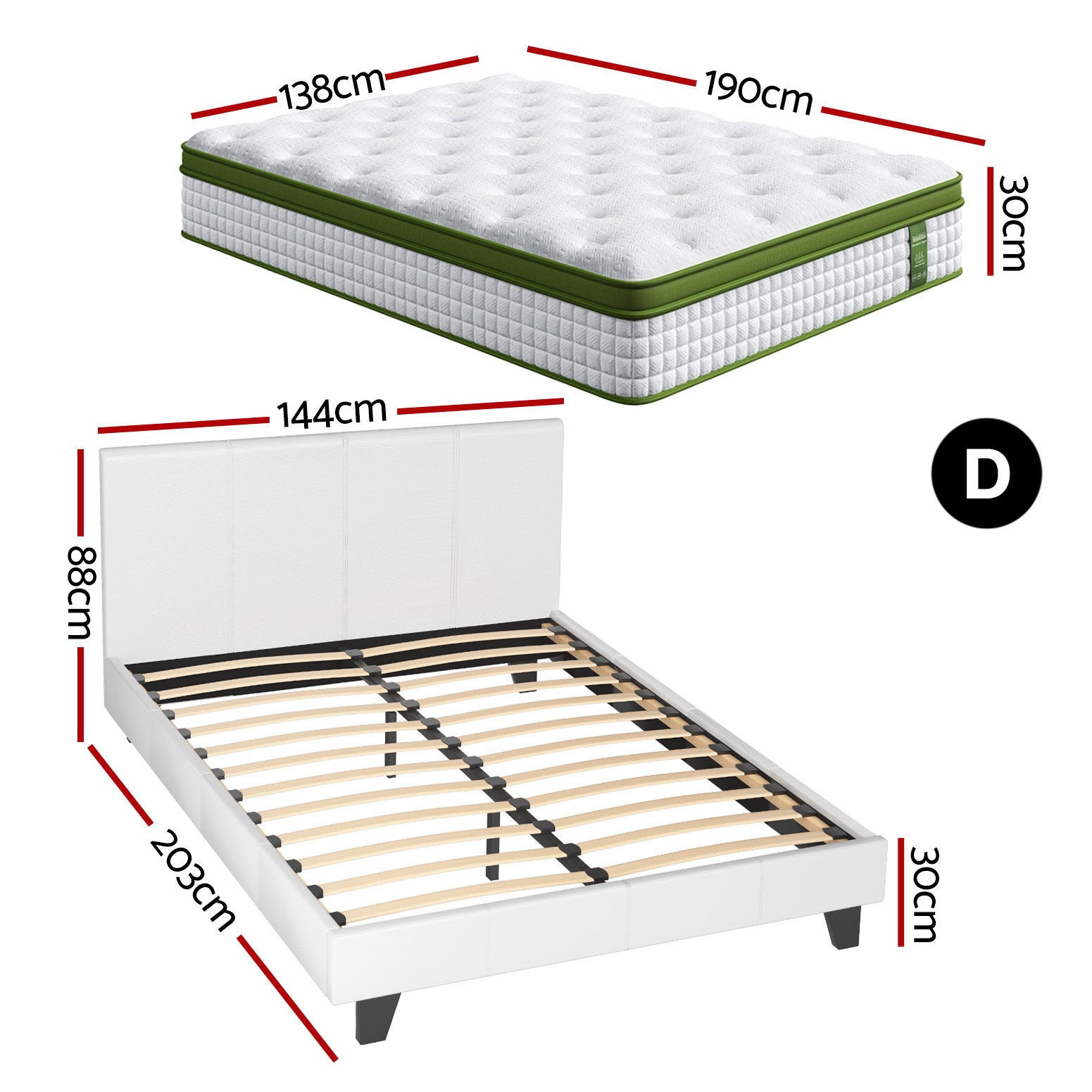 Artiss Double Bed Frame Platform White PVC Leather Hybrid Mattress Modern-Furniture &gt; Bedroom &gt; Beds &amp; Bed Frames-PEROZ Accessories