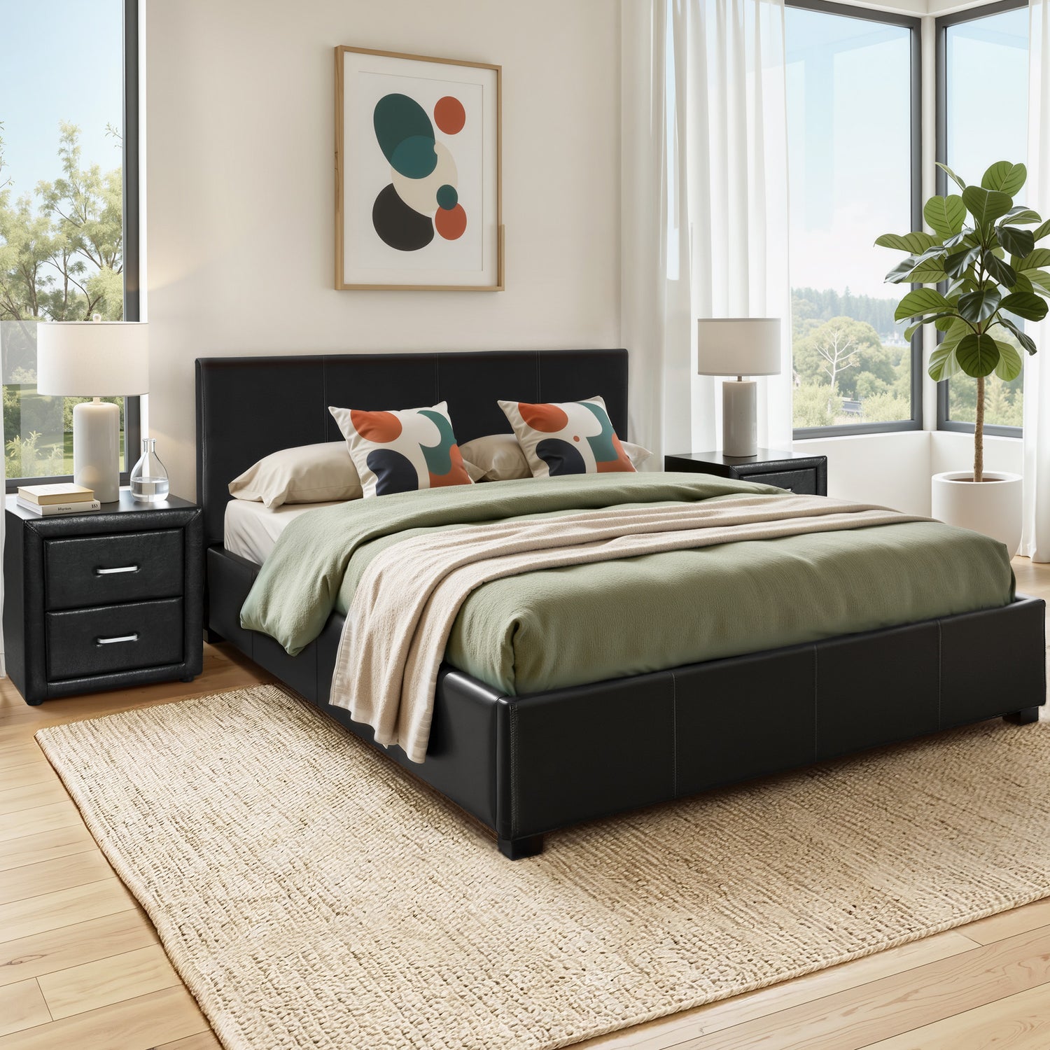 Artiss Gas Lift Queen Bed Frame and Bedside Table Set Leather Black-Furniture > Bedroom > Beds &amp; Bed Frames-PEROZ Accessories