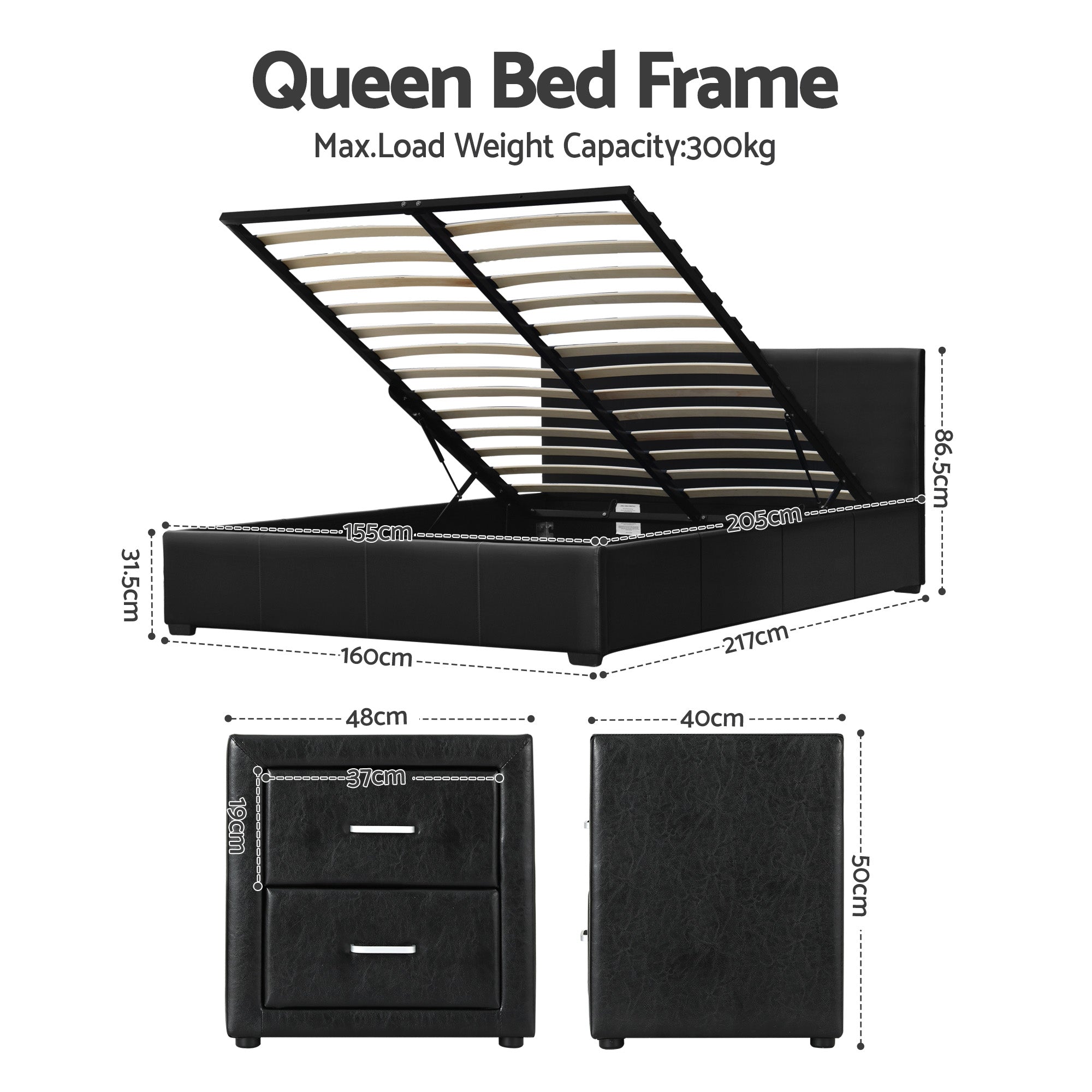 Artiss Gas Lift Queen Bed Frame and Bedside Table Set Leather Black-Furniture > Bedroom > Beds &amp; Bed Frames-PEROZ Accessories