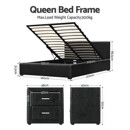 Artiss Gas Lift Queen Bed Frame and Bedside Table Set Leather Black-Furniture > Bedroom > Beds &amp; Bed Frames-PEROZ Accessories