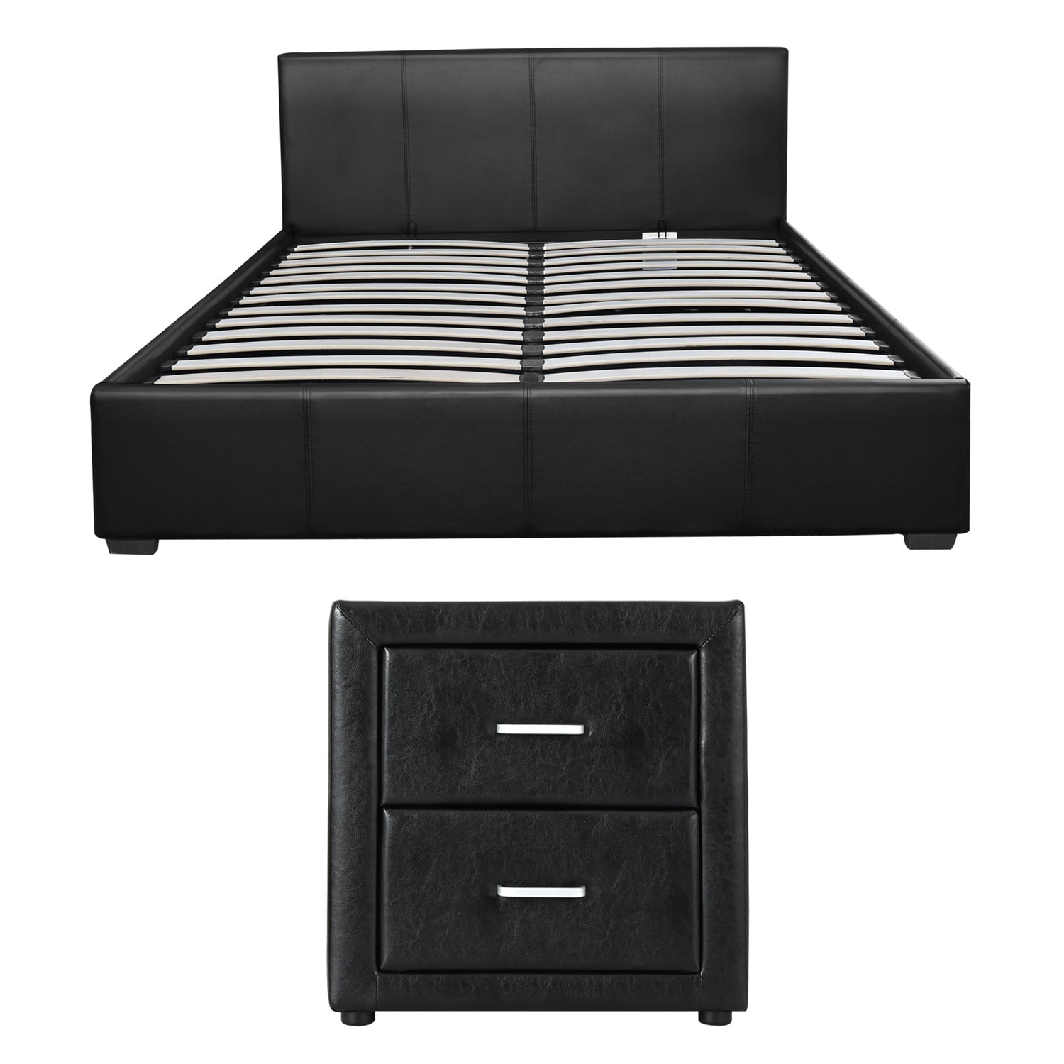 Artiss Gas Lift Queen Bed Frame and Bedside Table Set Leather Black-Furniture > Bedroom > Beds &amp; Bed Frames-PEROZ Accessories
