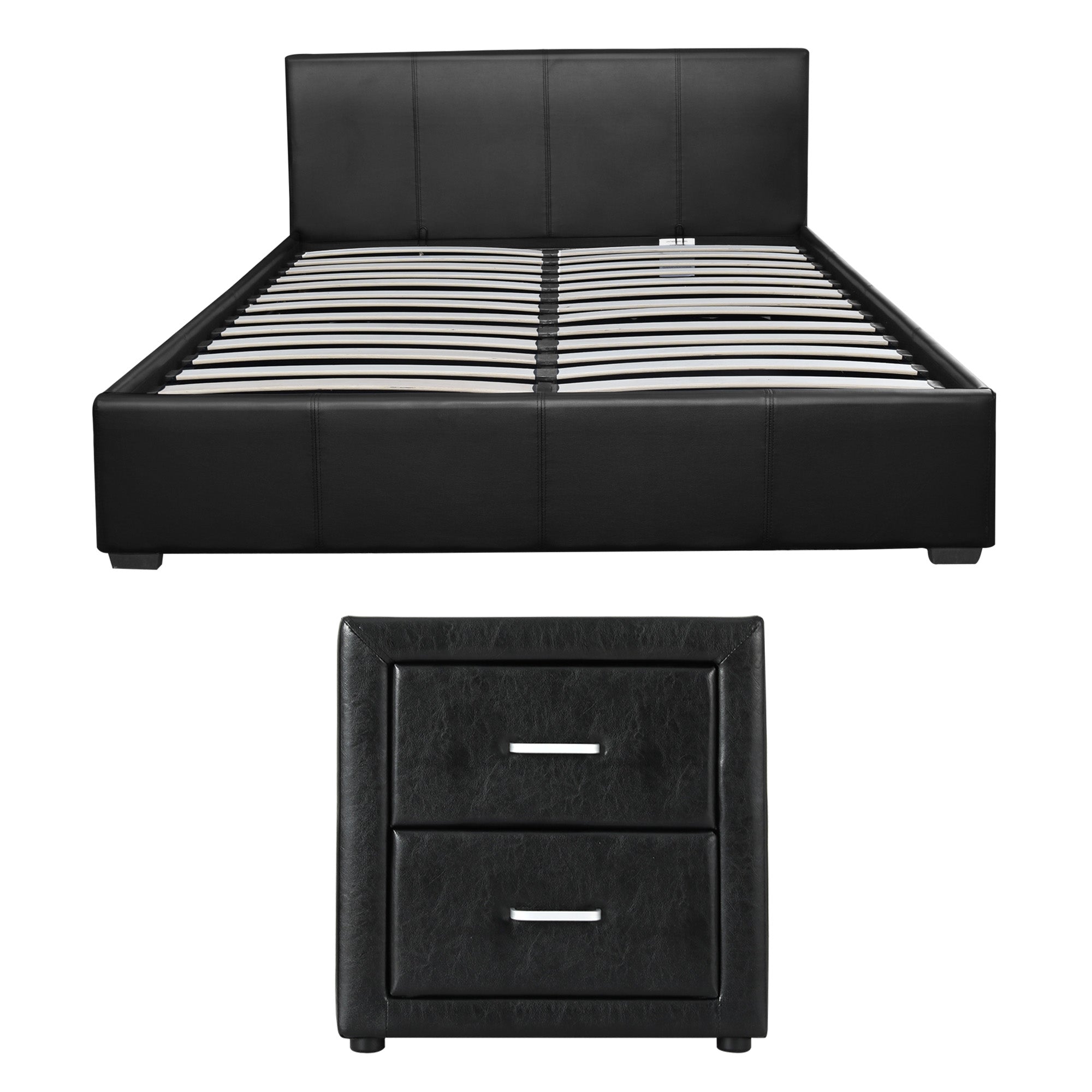 Artiss Gas Lift Queen Bed Frame and Bedside Table Set Leather Black-Furniture > Bedroom > Beds &amp; Bed Frames-PEROZ Accessories