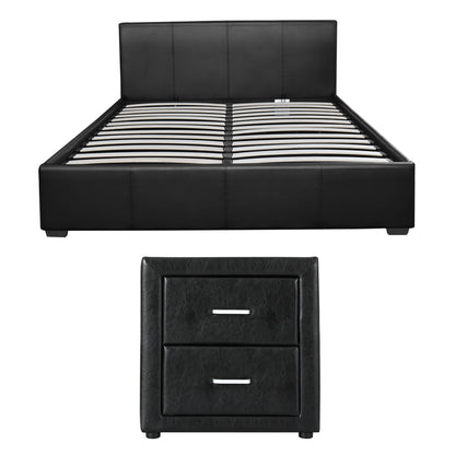 Artiss Gas Lift Queen Bed Frame and Bedside Table Set Leather Black-Furniture > Bedroom > Beds &amp; Bed Frames-PEROZ Accessories