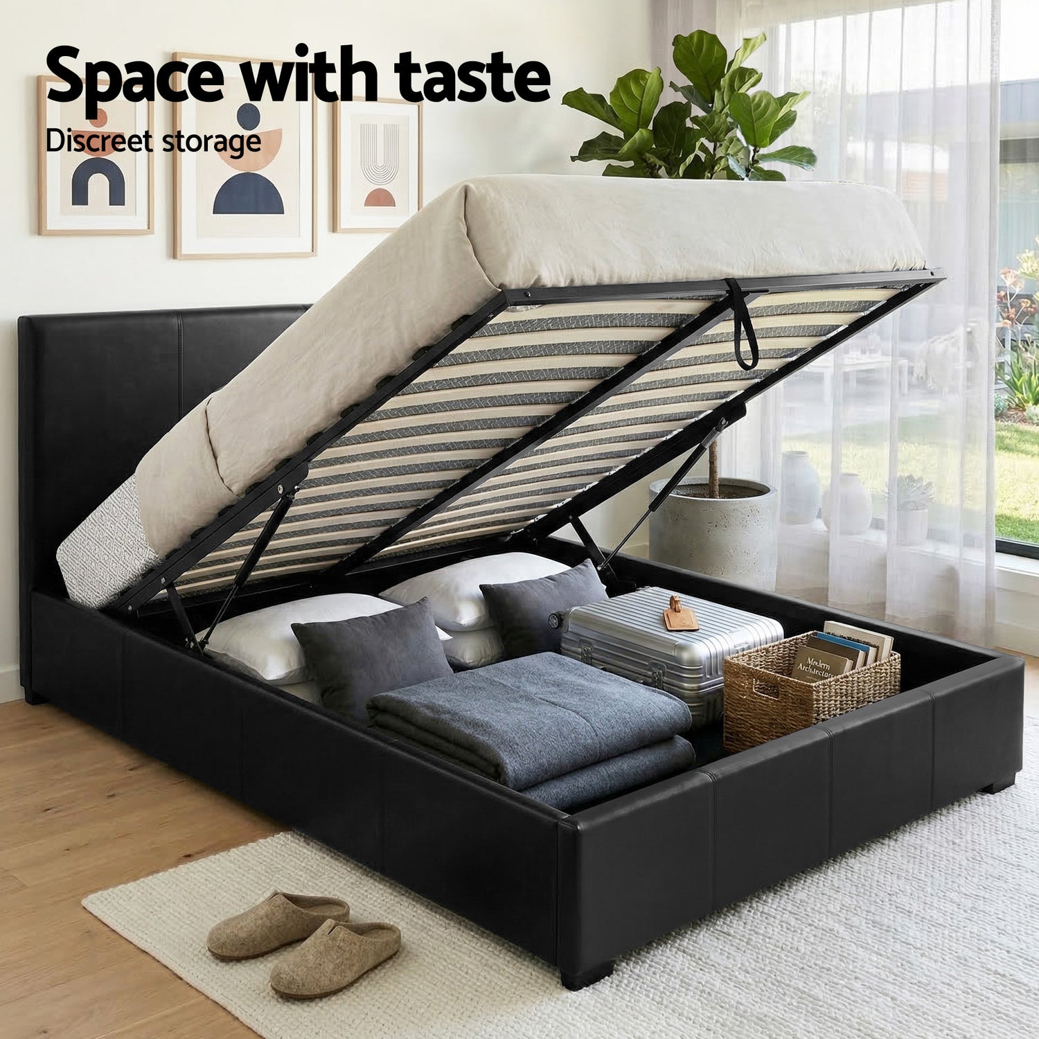 Artiss Gas Lift Queen Bed Frame and Bedside Table Set Leather Black-Furniture > Bedroom > Beds &amp; Bed Frames-PEROZ Accessories