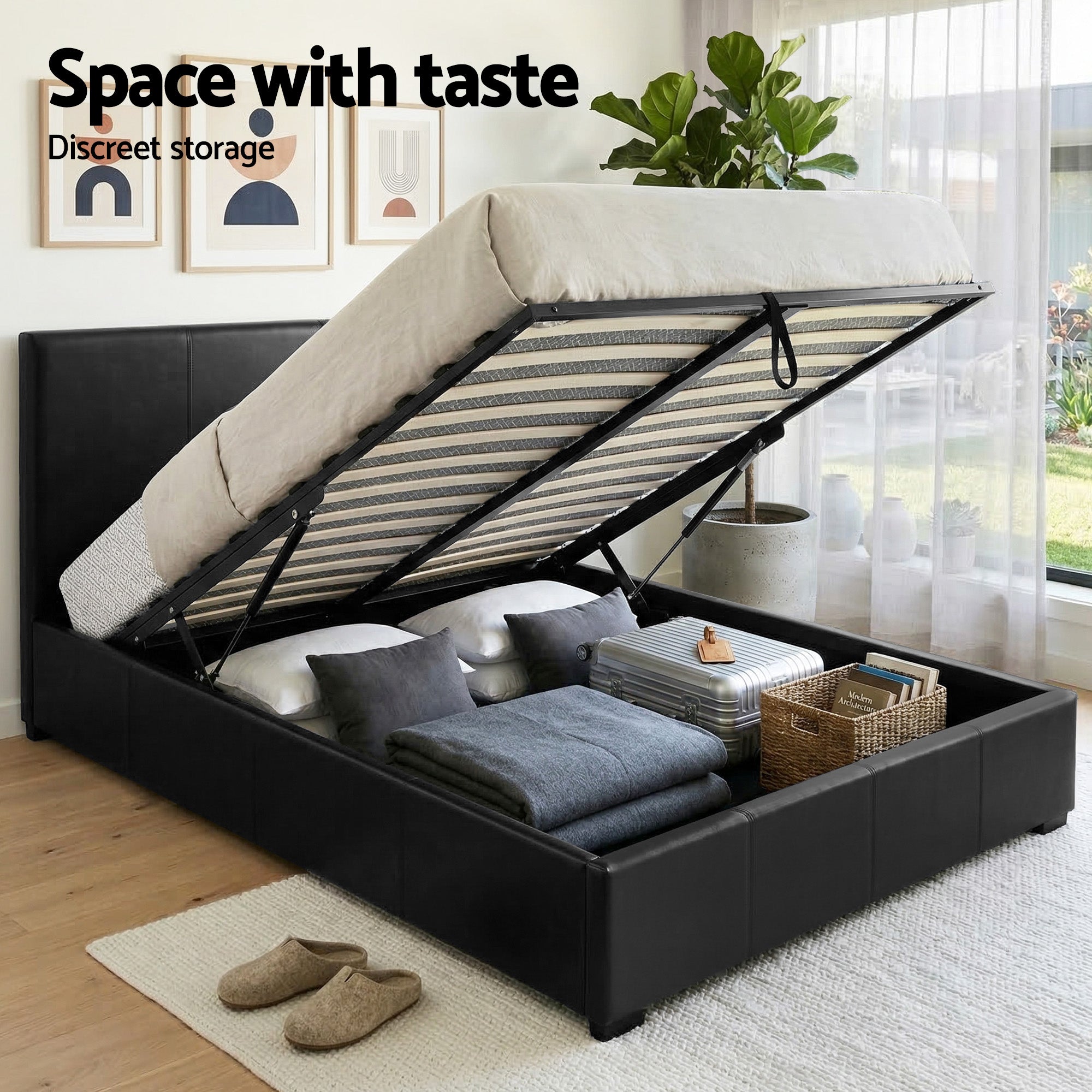 Artiss Gas Lift Queen Bed Frame and Bedside Table Set Leather Black-Furniture > Bedroom > Beds &amp; Bed Frames-PEROZ Accessories