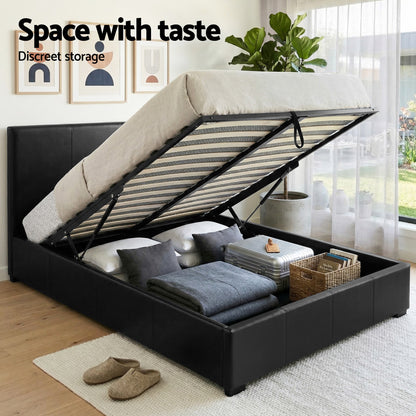 Artiss Gas Lift Queen Bed Frame and Bedside Table Set Leather Black-Furniture > Bedroom > Beds &amp; Bed Frames-PEROZ Accessories