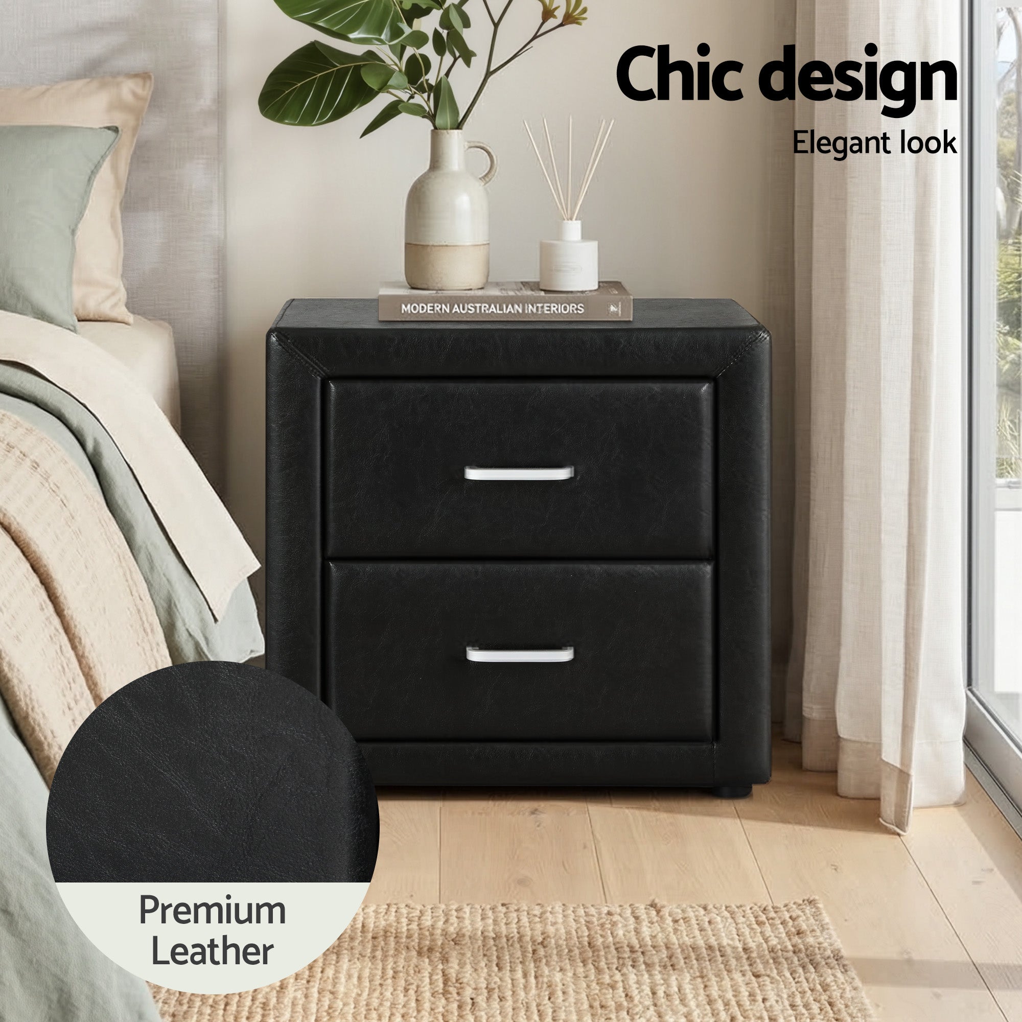 Artiss Gas Lift Queen Bed Frame and Bedside Table Set Leather Black-Furniture > Bedroom > Beds &amp; Bed Frames-PEROZ Accessories