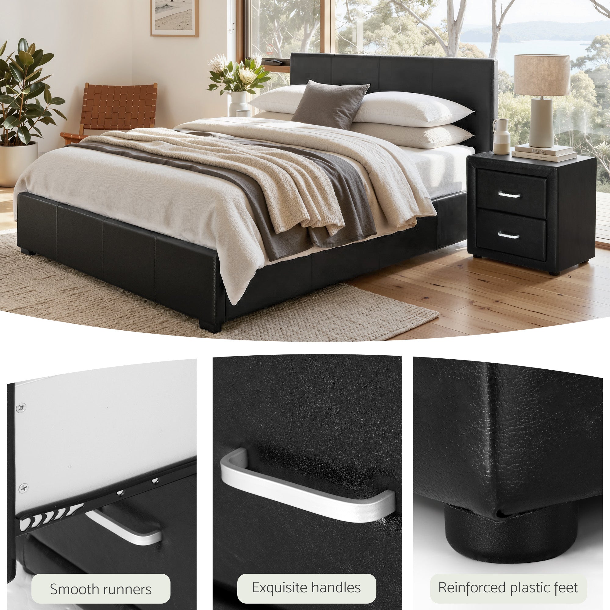Artiss Gas Lift Queen Bed Frame and Bedside Table Set Leather Black-Furniture > Bedroom > Beds &amp; Bed Frames-PEROZ Accessories