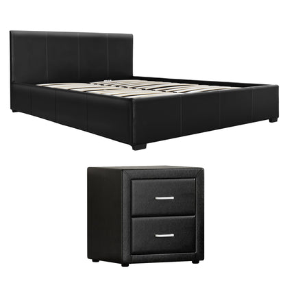 Artiss Gas Lift Queen Bed Frame and Bedside Table Set Leather Black-Furniture > Bedroom > Beds &amp; Bed Frames-PEROZ Accessories