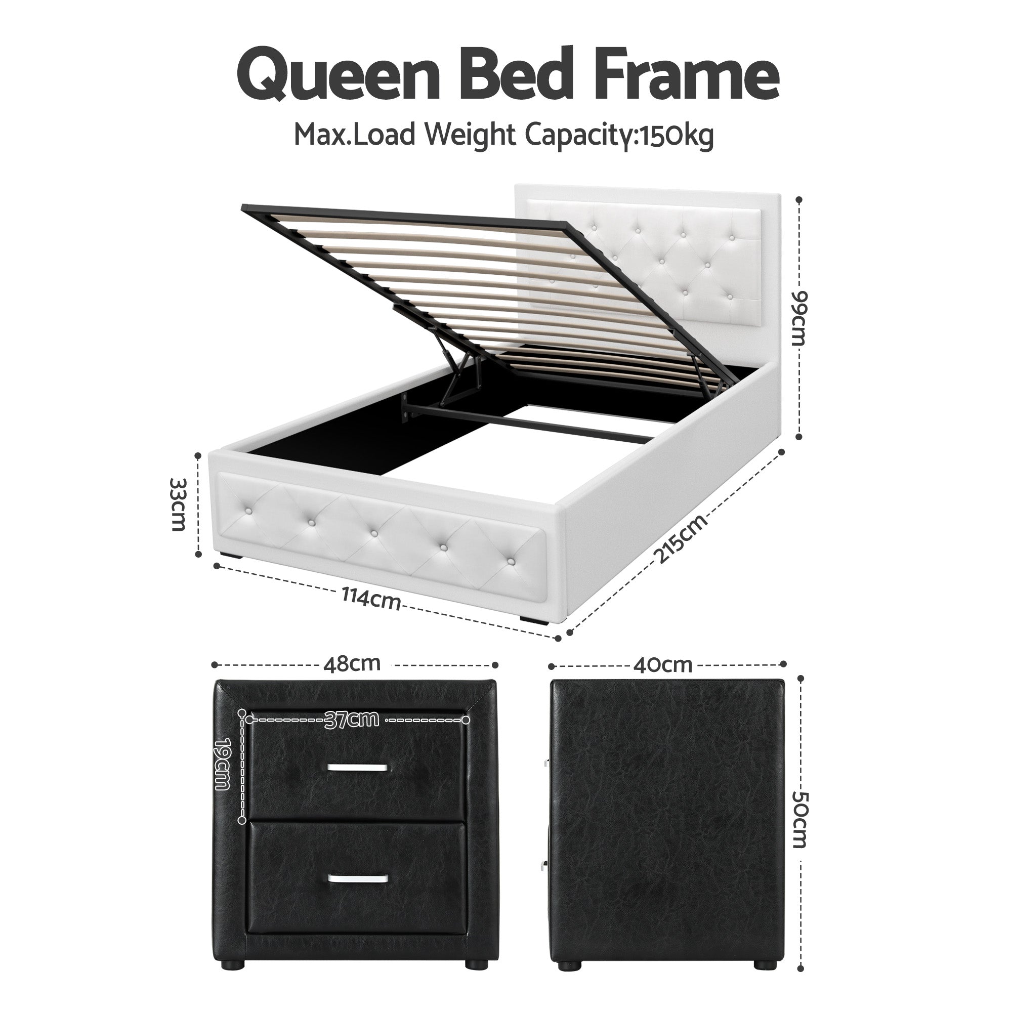 Artiss King Single Bed Frame Storage White Leather Gas Lift Bed Black Bedside Table Set-Furniture > Bedroom > Beds &amp; Bed Frames-PEROZ Accessories