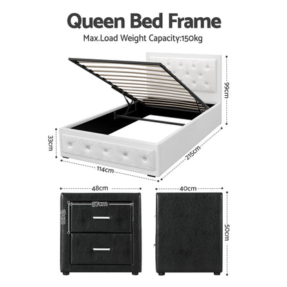Artiss King Single Bed Frame Storage White Leather Gas Lift Bed Black Bedside Table Set-Furniture > Bedroom > Beds &amp; Bed Frames-PEROZ Accessories
