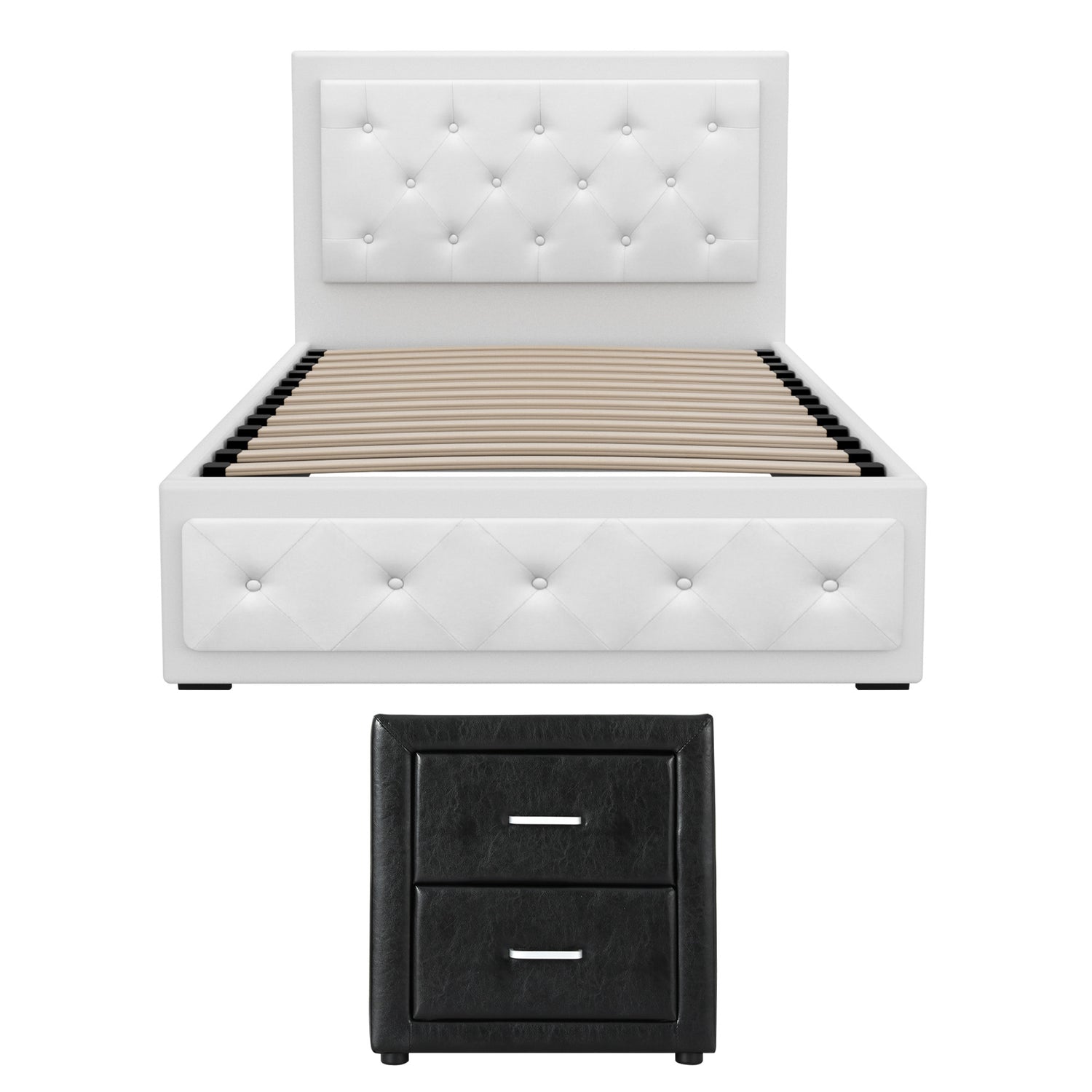 Artiss King Single Bed Frame Storage White Leather Gas Lift Bed Black Bedside Table Set-Furniture > Bedroom > Beds &amp; Bed Frames-PEROZ Accessories