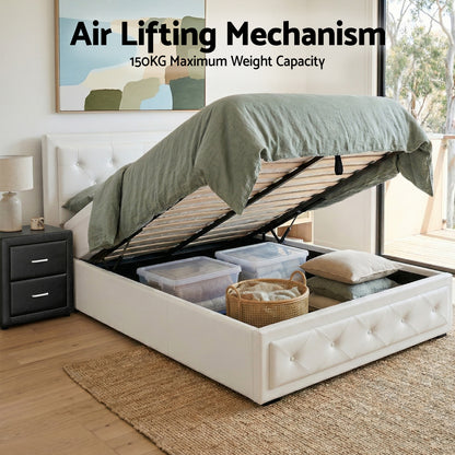Artiss King Single Bed Frame Storage White Leather Gas Lift Bed Black Bedside Table Set-Furniture > Bedroom > Beds &amp; Bed Frames-PEROZ Accessories