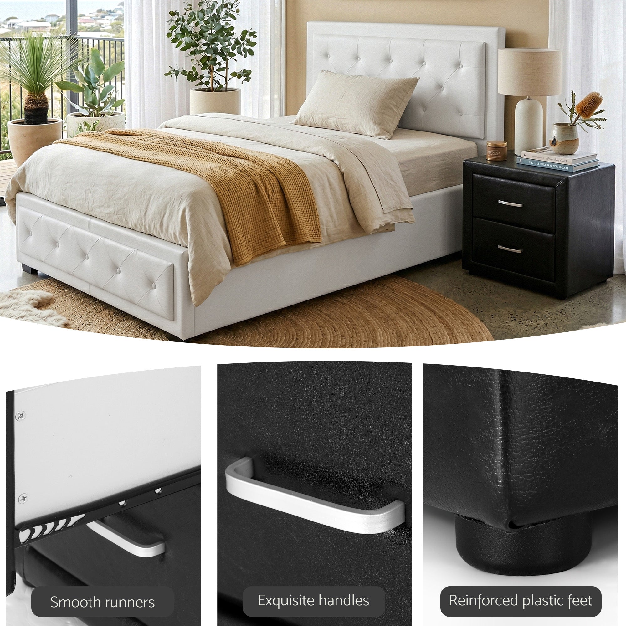 Artiss King Single Bed Frame Storage White Leather Gas Lift Bed Black Bedside Table Set-Furniture > Bedroom > Beds &amp; Bed Frames-PEROZ Accessories