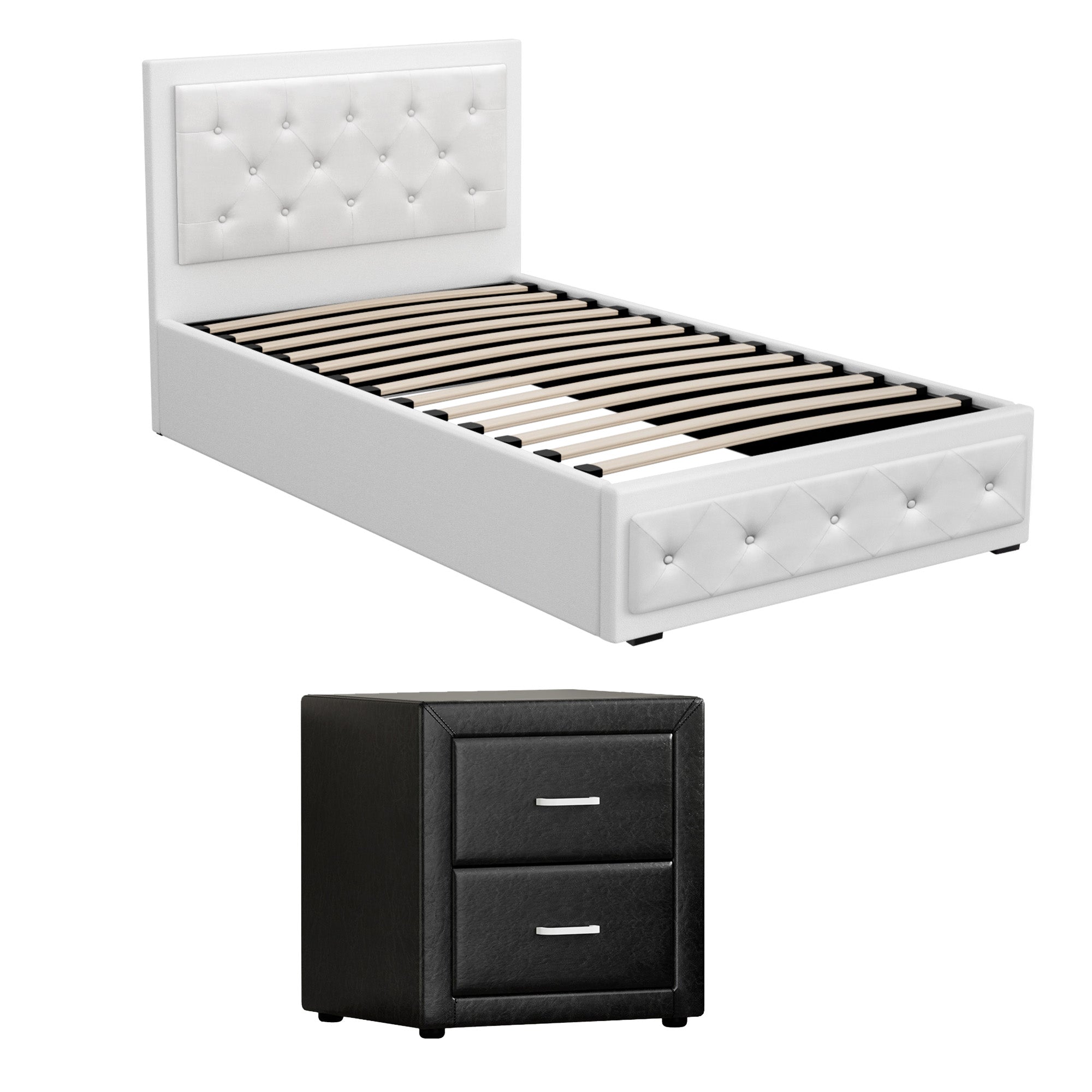 Artiss King Single Bed Frame Storage White Leather Gas Lift Bed Black Bedside Table Set-Furniture > Bedroom > Beds &amp; Bed Frames-PEROZ Accessories