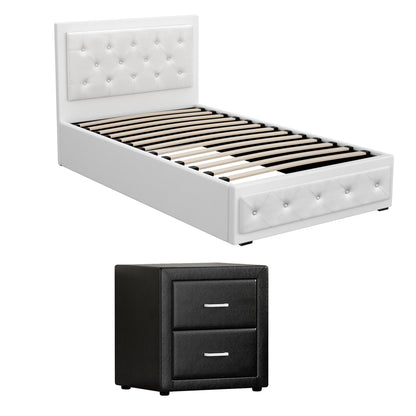 Artiss King Single Bed Frame Storage White Leather Gas Lift Bed Black Bedside Table Set-Furniture > Bedroom > Beds &amp; Bed Frames-PEROZ Accessories