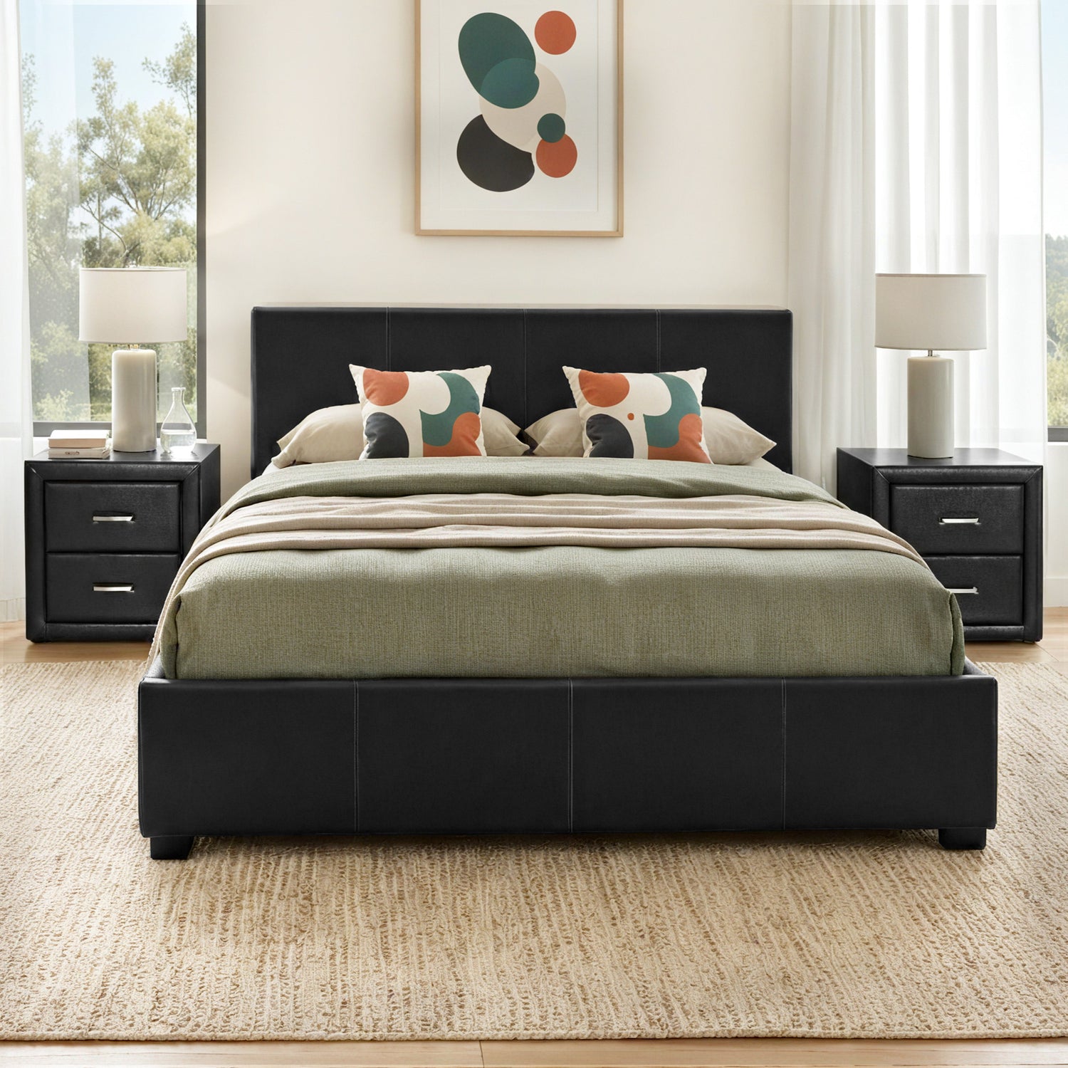 Artiss Gas Lift Queen Bed Frame and 2 Bedside Table Set Leather Black-Furniture > Bedroom > Beds &amp; Bed Frames-PEROZ Accessories
