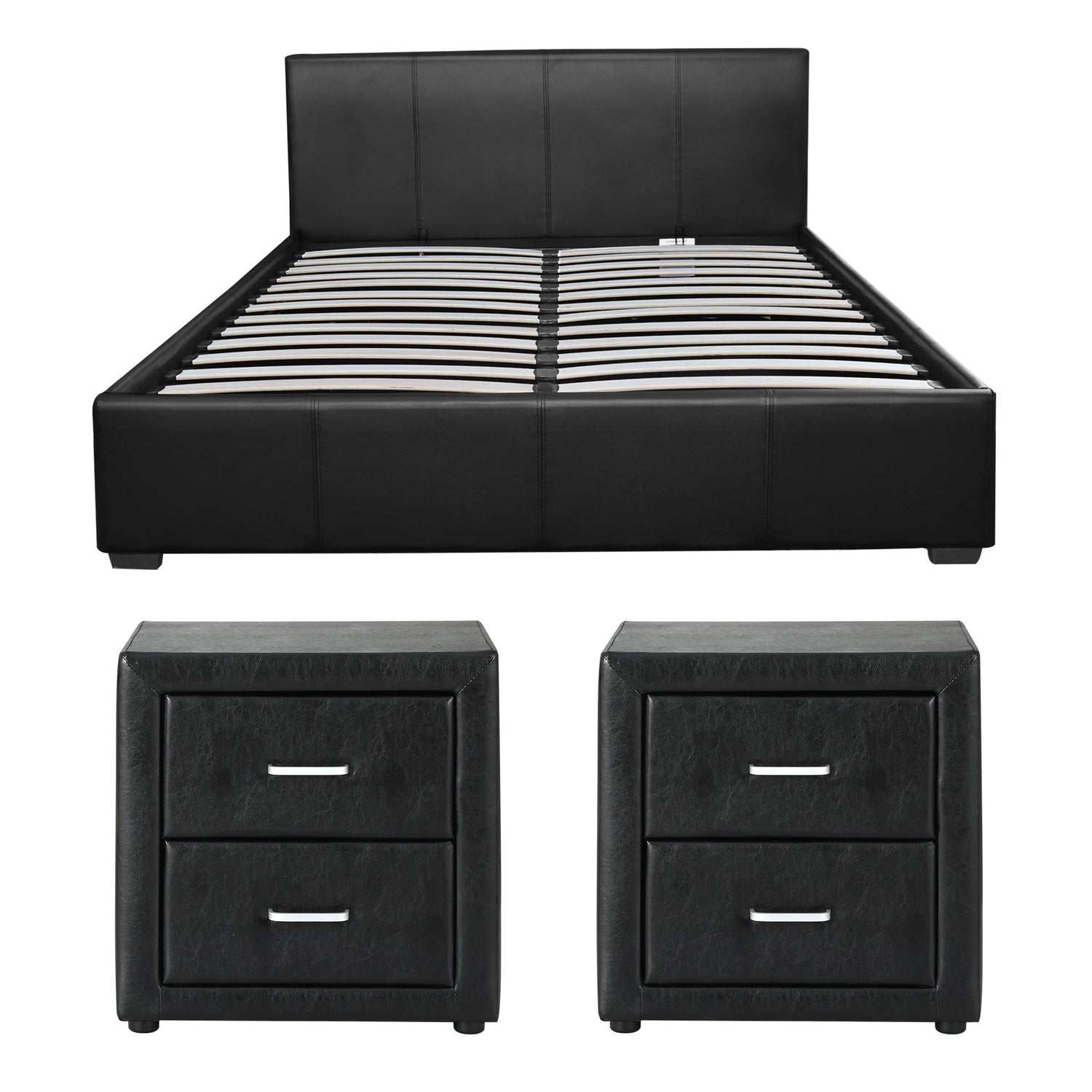 Artiss Gas Lift Queen Bed Frame and 2 Bedside Table Set Leather Black-Furniture > Bedroom > Beds &amp; Bed Frames-PEROZ Accessories