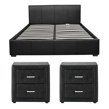 Artiss Gas Lift Queen Bed Frame and 2 Bedside Table Set Leather Black-Furniture > Bedroom > Beds &amp; Bed Frames-PEROZ Accessories