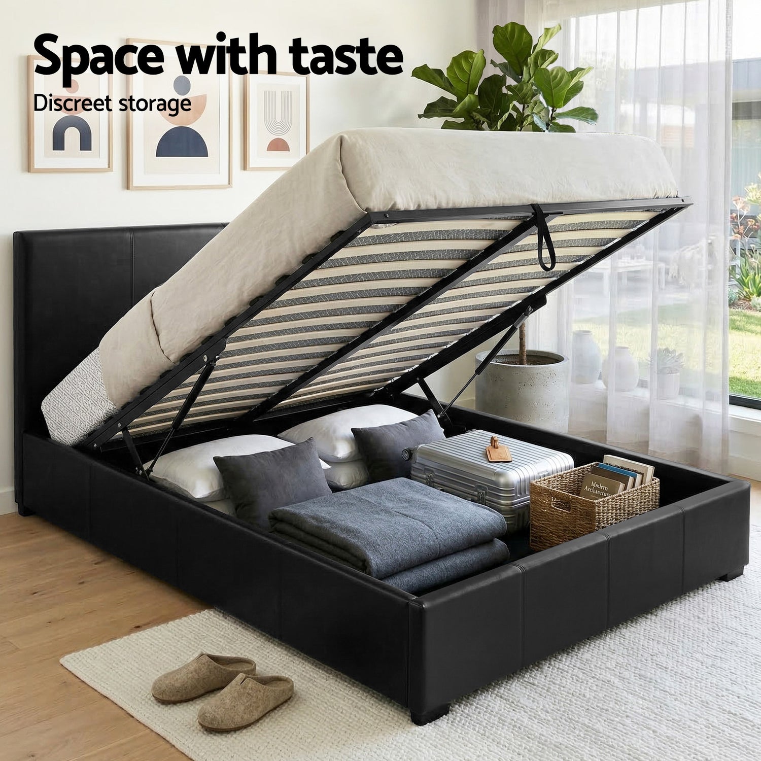 Artiss Gas Lift Queen Bed Frame and 2 Bedside Table Set Leather Black-Furniture > Bedroom > Beds &amp; Bed Frames-PEROZ Accessories