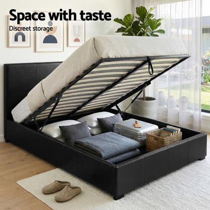 Artiss Gas Lift Queen Bed Frame and 2 Bedside Table Set Leather Black-Furniture > Bedroom > Beds &amp; Bed Frames-PEROZ Accessories